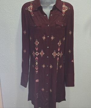 Stetson Burgundy Long Sleeve Dress with Geometric Patterns